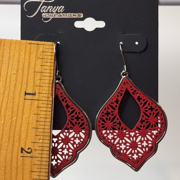 Red and Silver Teardrop Earrings with Intricate Cutout Design 2.25 inch - Picture 4 of 4